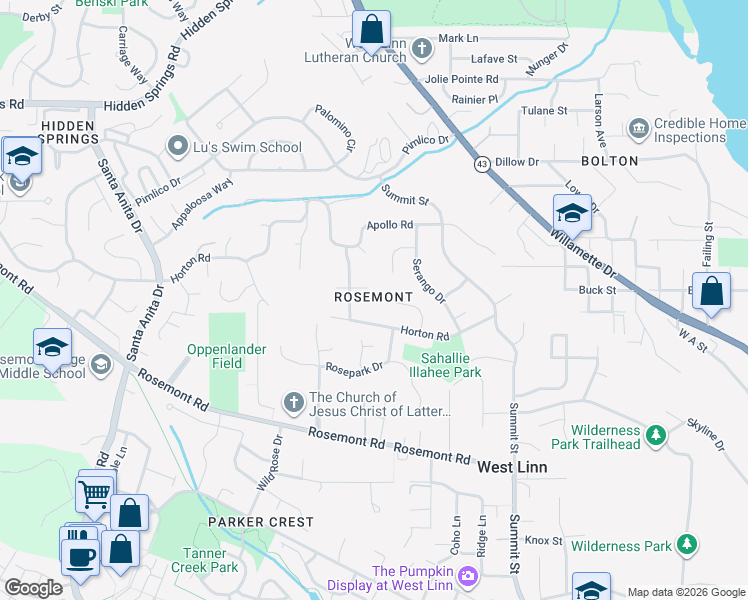 map of restaurants, bars, coffee shops, grocery stores, and more near in West Linn