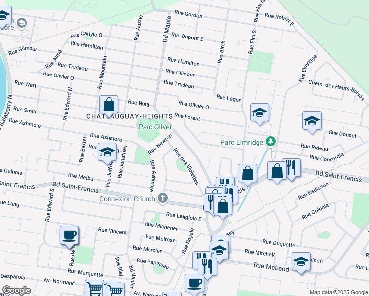 map of restaurants, bars, coffee shops, grocery stores, and more near 215 Boulevard Maple in Châteauguay