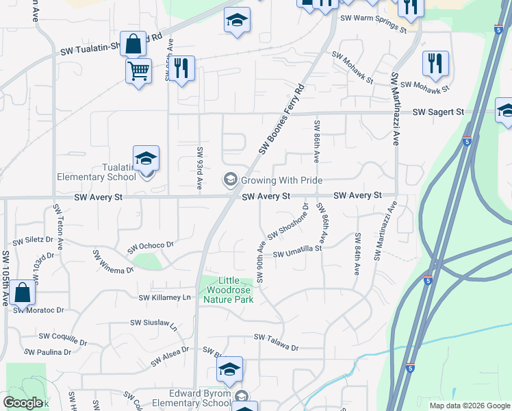 map of restaurants, bars, coffee shops, grocery stores, and more near 8965 Southwest Avery Street in Tualatin