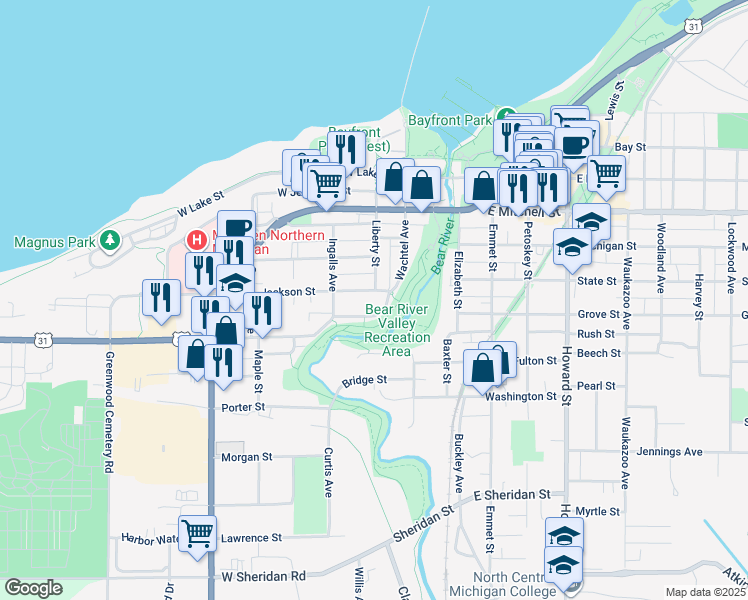 map of restaurants, bars, coffee shops, grocery stores, and more near 316 Jackson St in Petoskey