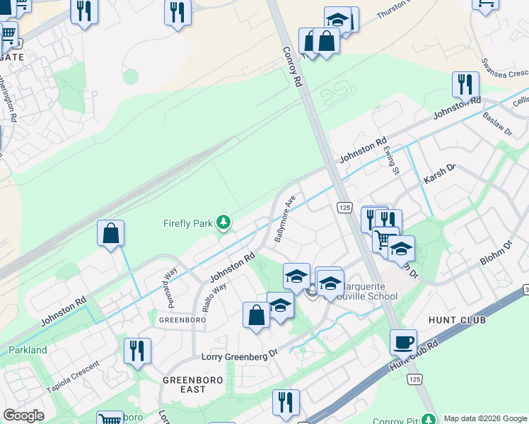 map of restaurants, bars, coffee shops, grocery stores, and more near 103 Rowallen Place in Ottawa