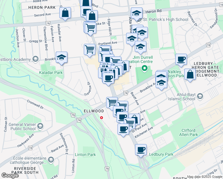 map of restaurants, bars, coffee shops, grocery stores, and more near 1800 Bank Street in Ottawa