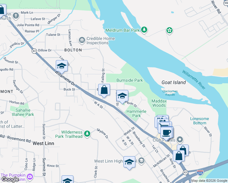 map of restaurants, bars, coffee shops, grocery stores, and more near 1646 Buck Street in West Linn