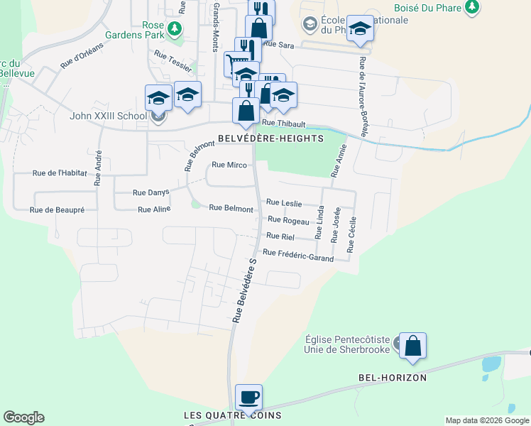 map of restaurants, bars, coffee shops, grocery stores, and more near 2170 Rue Belvédère Sud in Sherbrooke