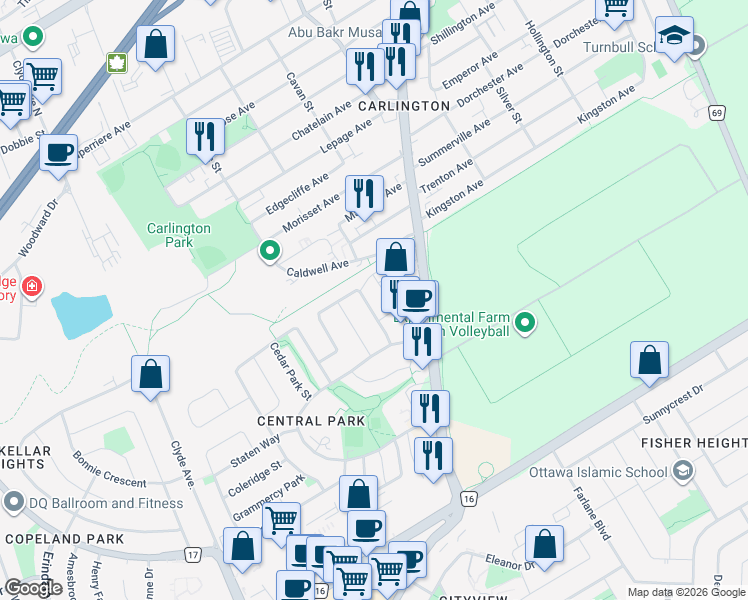 map of restaurants, bars, coffee shops, grocery stores, and more near 19 Celebration Street in Ottawa