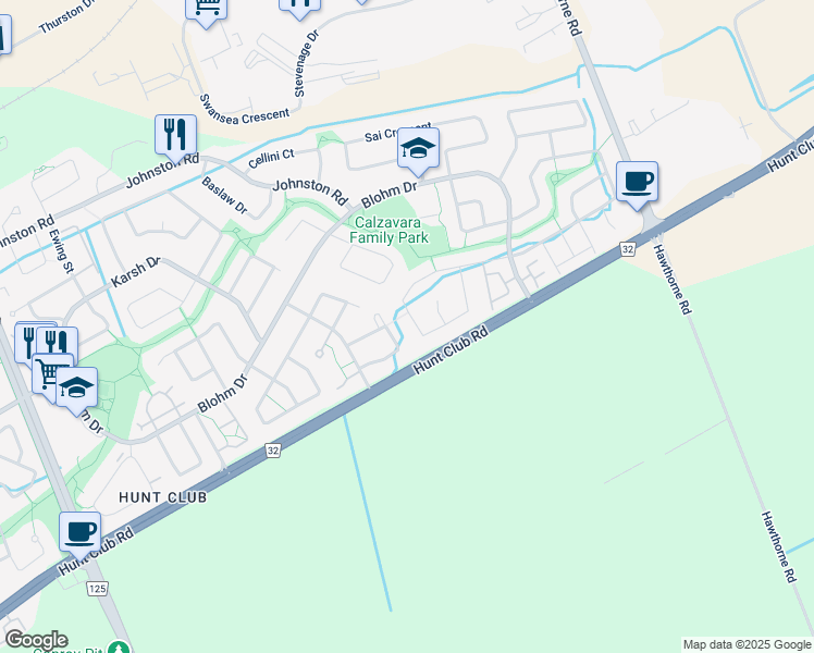 map of restaurants, bars, coffee shops, grocery stores, and more near 75 Picasso Drive in Ottawa