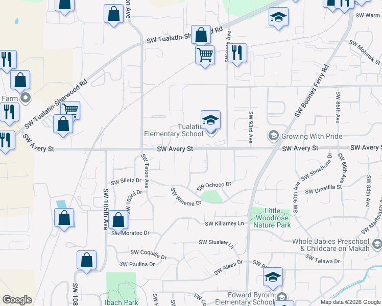 map of restaurants, bars, coffee shops, grocery stores, and more near 20517 Southwest 98th Court in Tualatin