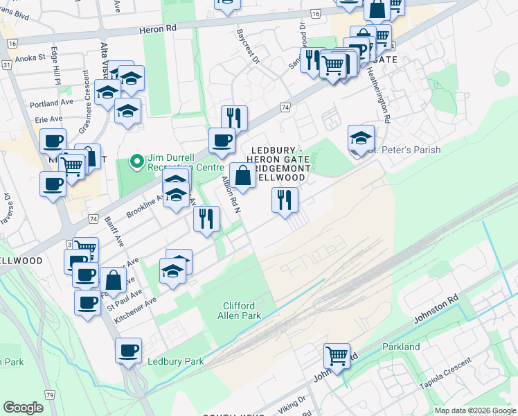 map of restaurants, bars, coffee shops, grocery stores, and more near 1442 Heatherington Road in Ottawa