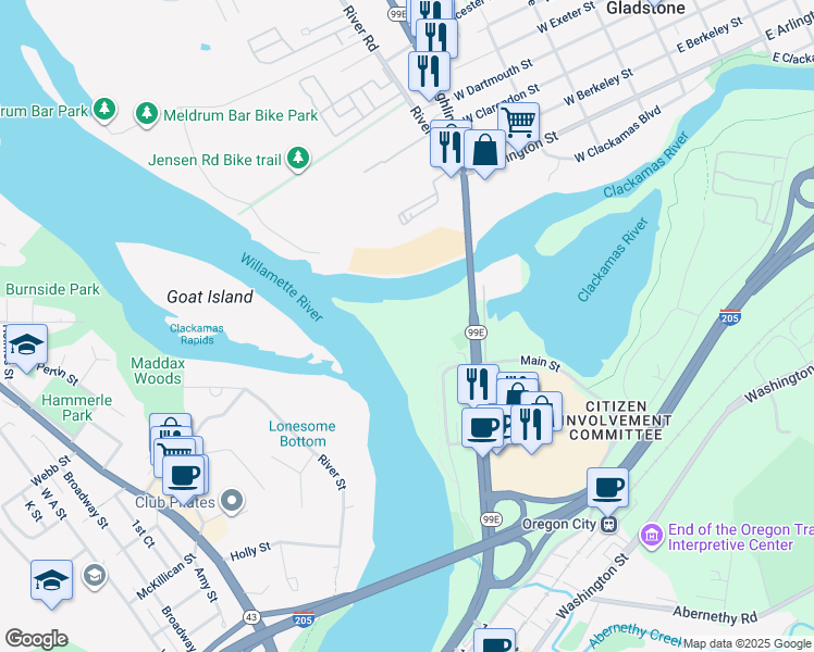 map of restaurants, bars, coffee shops, grocery stores, and more near 1955 Clackamette Drive in Oregon City