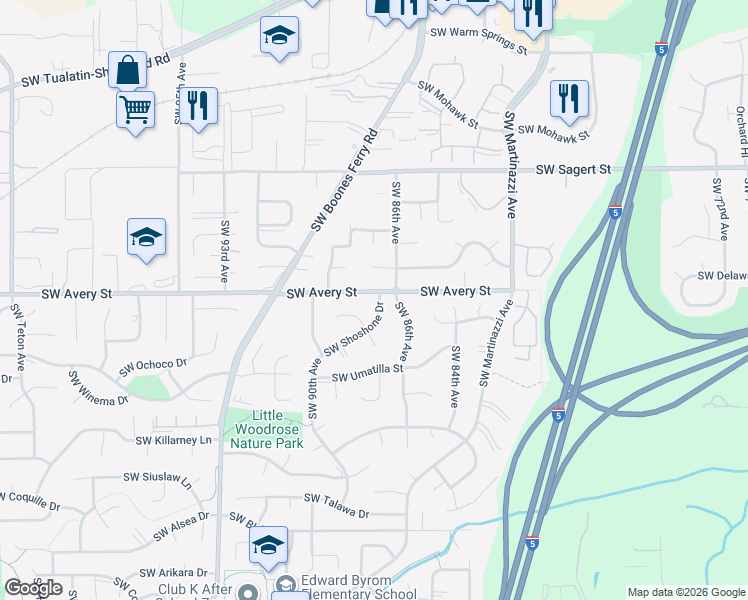 map of restaurants, bars, coffee shops, grocery stores, and more near 8645 Southwest Avery Street in Tualatin
