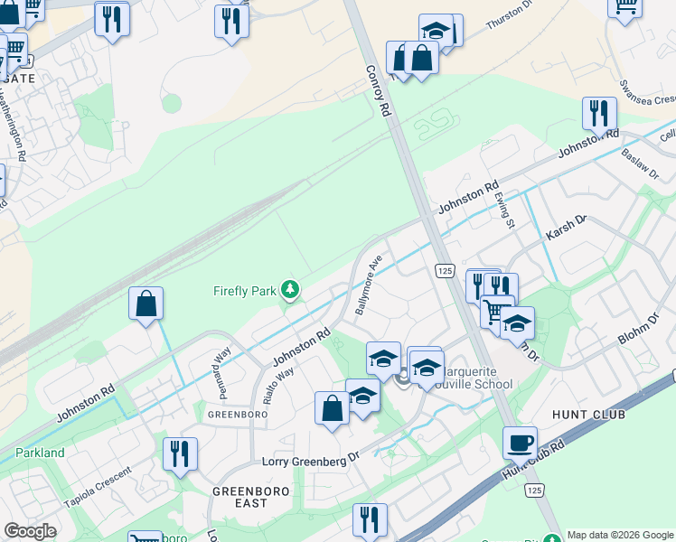 map of restaurants, bars, coffee shops, grocery stores, and more near 105 Rowallen Place in Ottawa