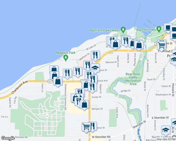 map of restaurants, bars, coffee shops, grocery stores, and more near 703 Jackson Street in Petoskey