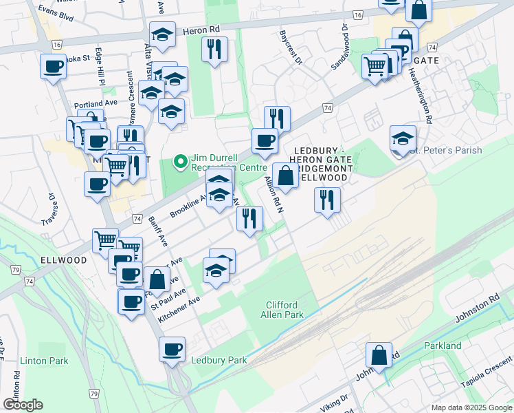 map of restaurants, bars, coffee shops, grocery stores, and more near 127 Lilibet Crescent in Ottawa