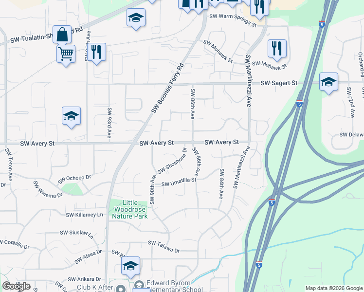 map of restaurants, bars, coffee shops, grocery stores, and more near 8645 Southwest Avery Street in Tualatin
