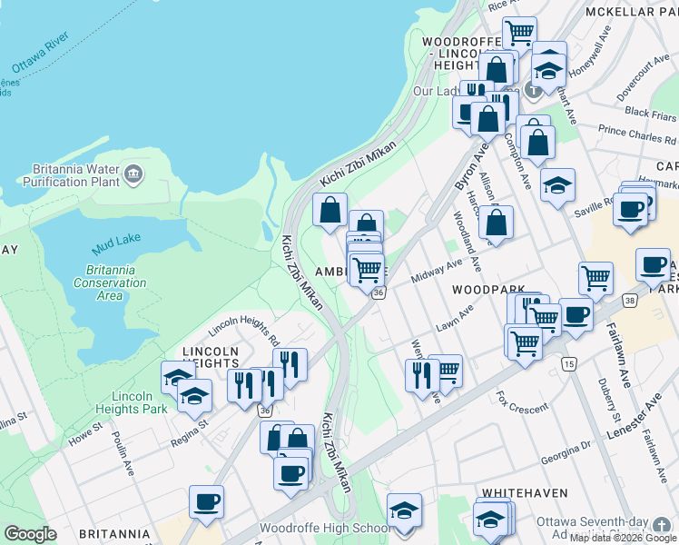 map of restaurants, bars, coffee shops, grocery stores, and more near in Ottawa