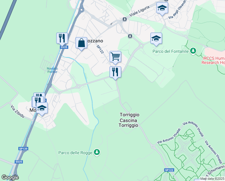 map of restaurants, bars, coffee shops, grocery stores, and more near 121 Via della Cooperazione in Città metropolitana di Milano