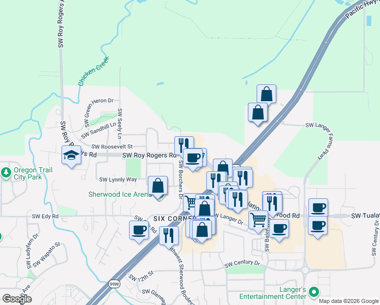 map of restaurants, bars, coffee shops, grocery stores, and more near 20508 Southwest Roy Rogers Road in Sherwood