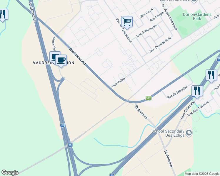 map of restaurants, bars, coffee shops, grocery stores, and more near 980 Rue Valois in Vaudreuil-Dorion