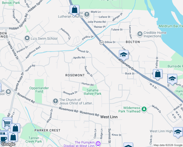 map of restaurants, bars, coffee shops, grocery stores, and more near 21280 Serango Drive in West Linn