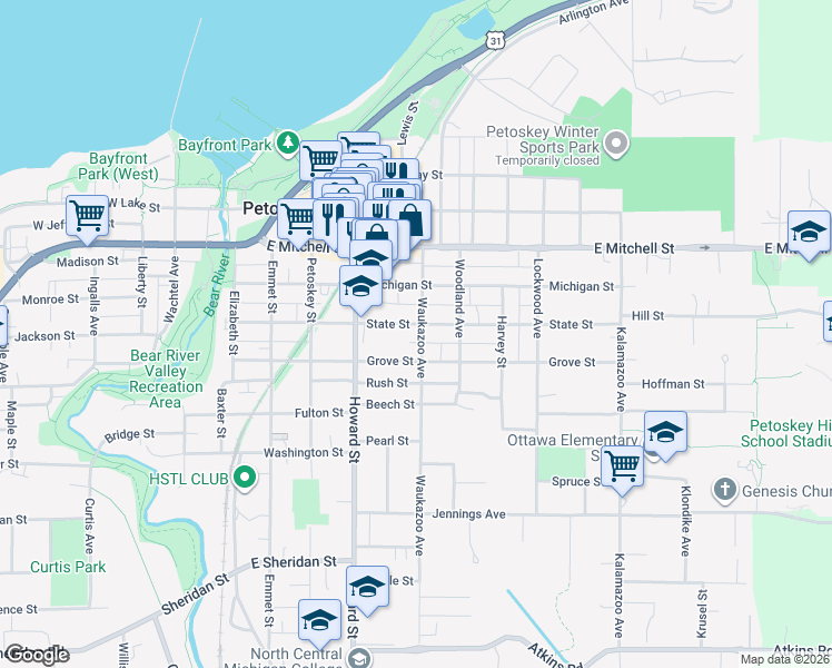 map of restaurants, bars, coffee shops, grocery stores, and more near 429 State St in Petoskey