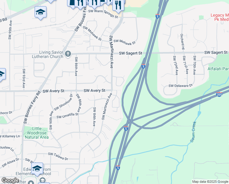 map of restaurants, bars, coffee shops, grocery stores, and more near 8050 Southwest Avery Street in Tualatin