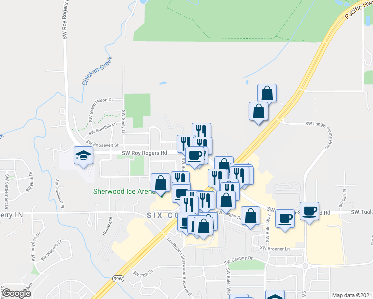 map of restaurants, bars, coffee shops, grocery stores, and more near 16568 Southwest Sidney Lane in Sherwood
