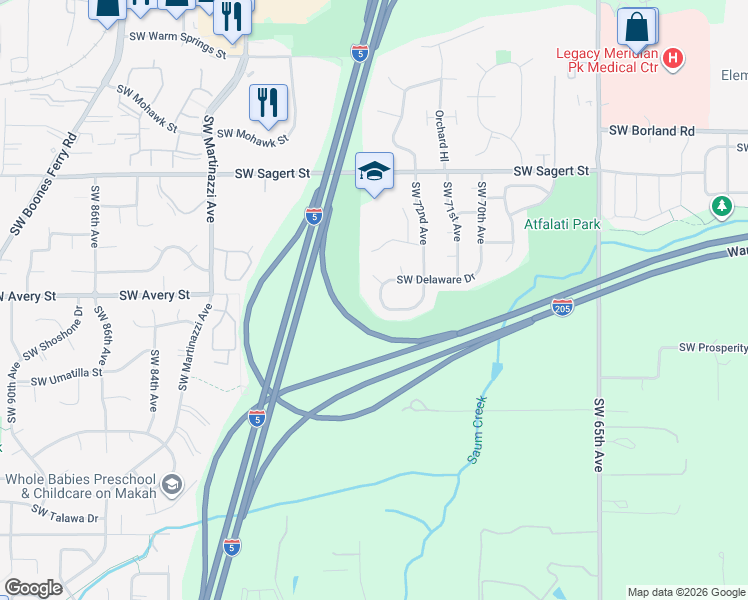 map of restaurants, bars, coffee shops, grocery stores, and more near 7355 Southwest Delaware Circle in Tualatin