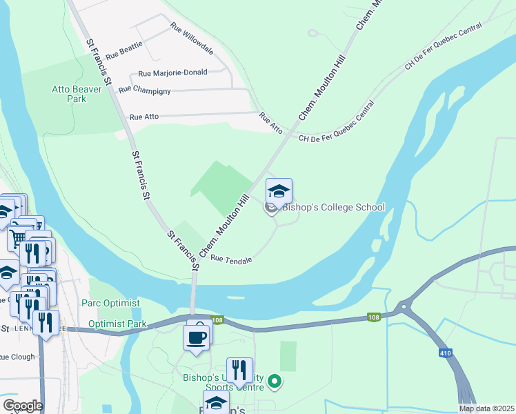 map of restaurants, bars, coffee shops, grocery stores, and more near 80 Chemin Moulton Hill in Sherbrooke