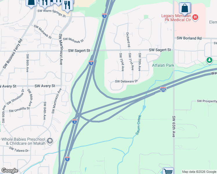 map of restaurants, bars, coffee shops, grocery stores, and more near 7355 Southwest Delaware Circle in Tualatin