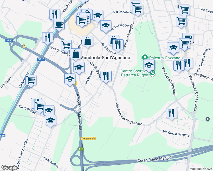 map of restaurants, bars, coffee shops, grocery stores, and more near 416 Via Galileo Galilei in Sant'Agostino