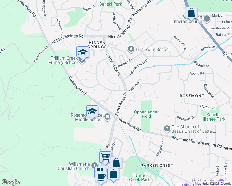 map of restaurants, bars, coffee shops, grocery stores, and more near 6106 Churchill Downs Drive in West Linn