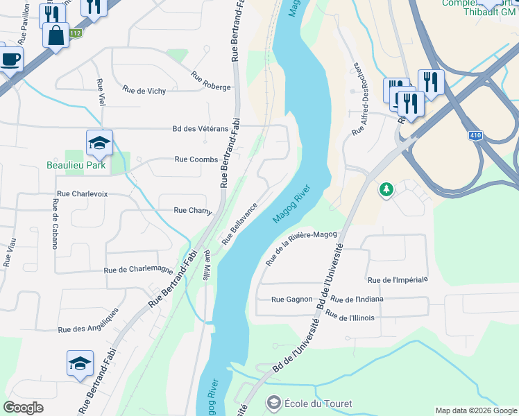 map of restaurants, bars, coffee shops, grocery stores, and more near 4756 Rue Bellavance in Sherbrooke