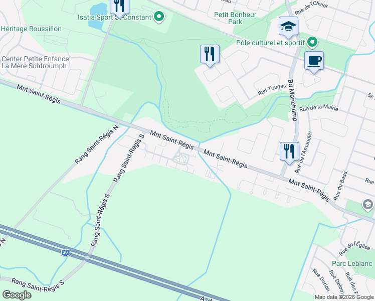 map of restaurants, bars, coffee shops, grocery stores, and more near 270 Montée Saint-Régis in Saint-Constant