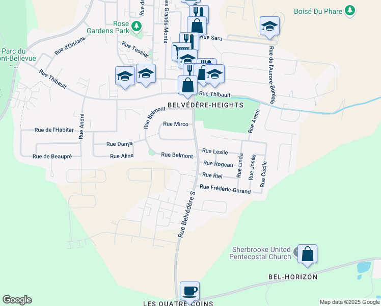 map of restaurants, bars, coffee shops, grocery stores, and more near 1020 Rue Belmont in Sherbrooke