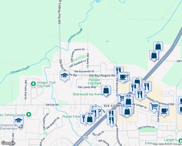 map of restaurants, bars, coffee shops, grocery stores, and more near 16956 Southwest Roosevelt Street in Sherwood