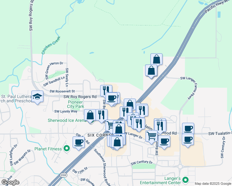 map of restaurants, bars, coffee shops, grocery stores, and more near 20512 Southwest Roy Rogers Road in Sherwood