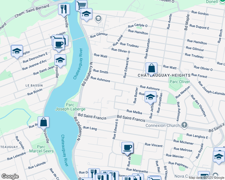map of restaurants, bars, coffee shops, grocery stores, and more near in Châteauguay
