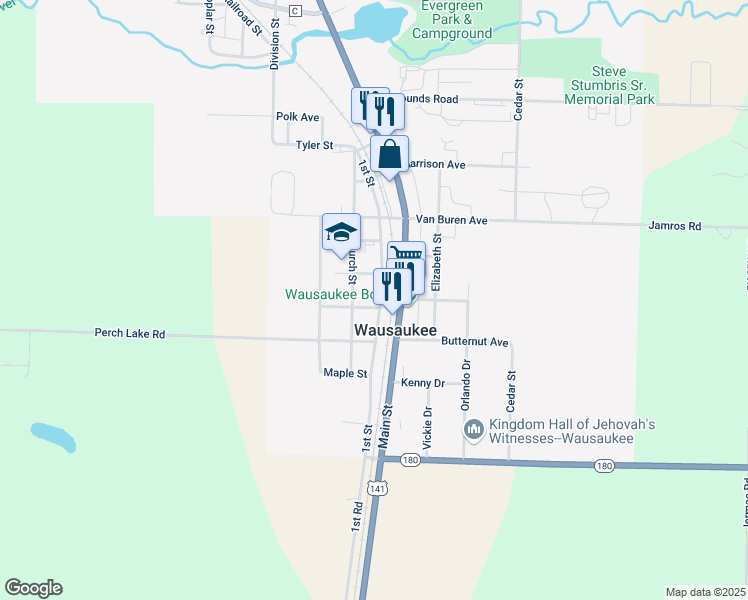 map of restaurants, bars, coffee shops, grocery stores, and more near 408 Church Street in Wausaukee