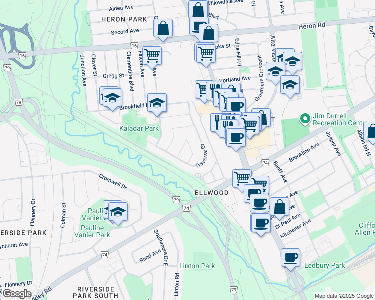 map of restaurants, bars, coffee shops, grocery stores, and more near 2545 Needham Crescent in Ottawa