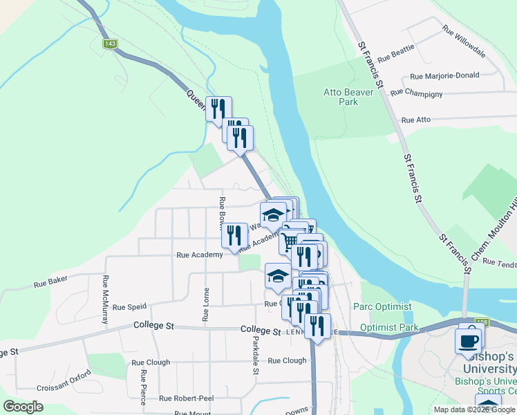 map of restaurants, bars, coffee shops, grocery stores, and more near 1 Rue John-Wilson in Sherbrooke