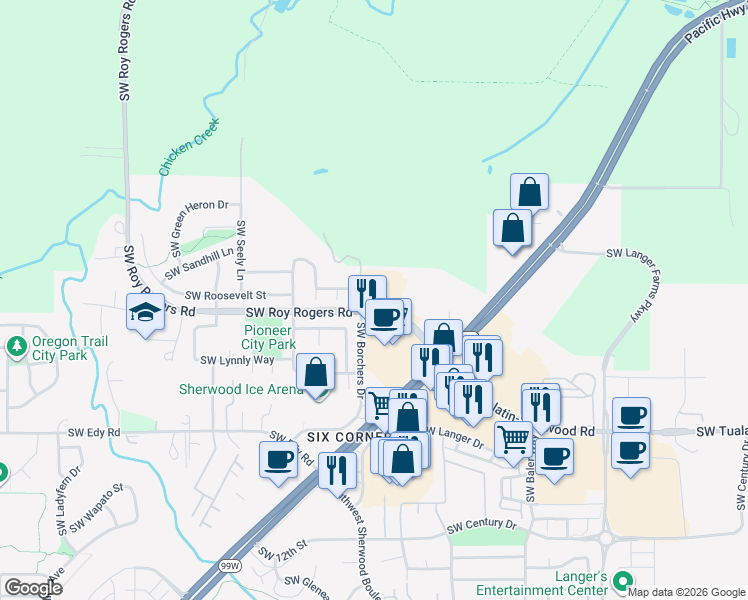 map of restaurants, bars, coffee shops, grocery stores, and more near 20508 Southwest Roy Rogers Road in Sherwood
