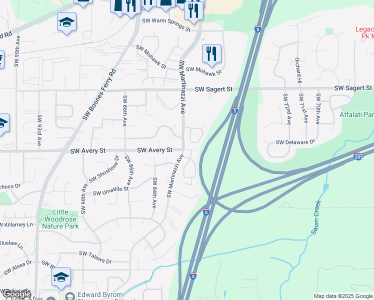 map of restaurants, bars, coffee shops, grocery stores, and more near 8050 Southwest Avery Street in Tualatin