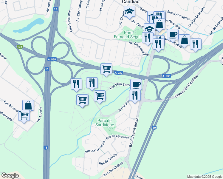 map of restaurants, bars, coffee shops, grocery stores, and more near 300 Rue de la Sarcelle in Candiac