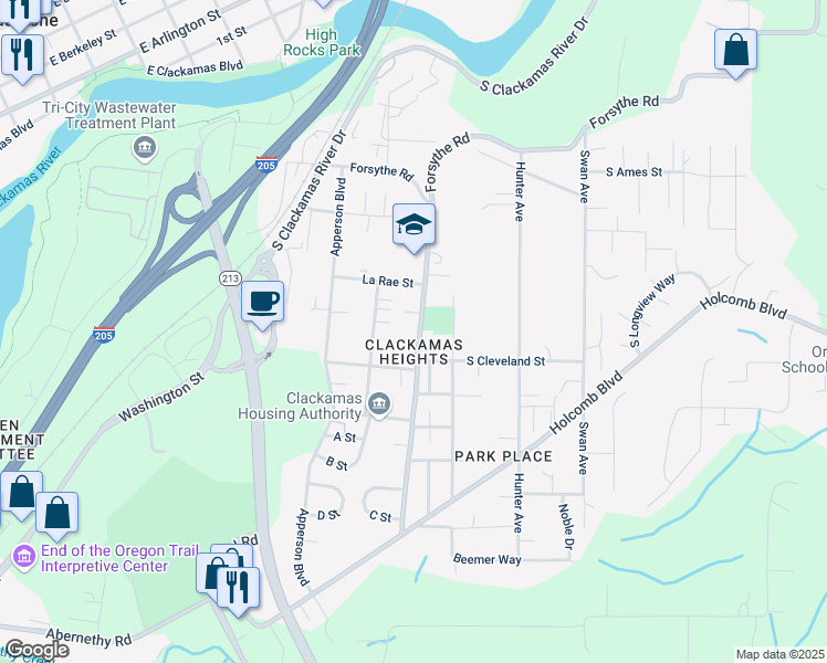 map of restaurants, bars, coffee shops, grocery stores, and more near 16195 Front Avenue in Oregon City