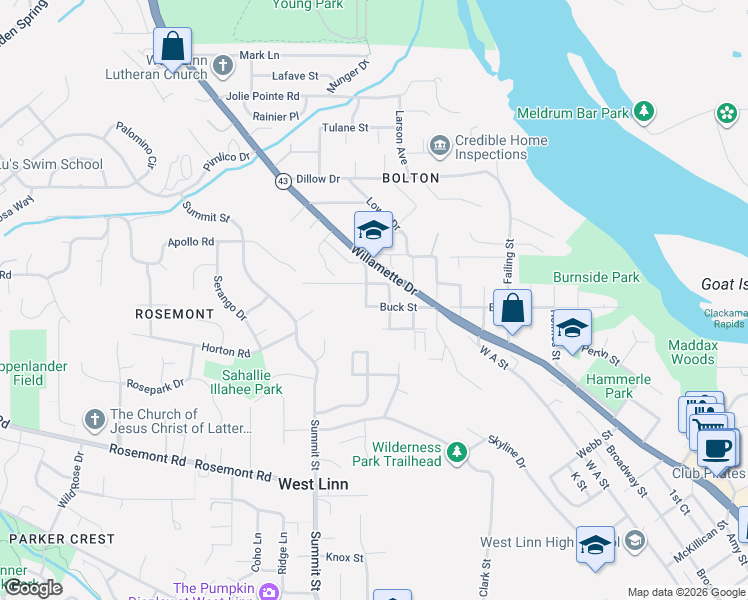 map of restaurants, bars, coffee shops, grocery stores, and more near 6255 Barlow Street in West Linn