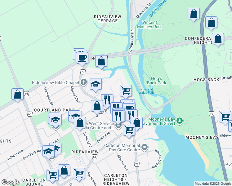 map of restaurants, bars, coffee shops, grocery stores, and more near 1285 Lampman Crescent in Ottawa