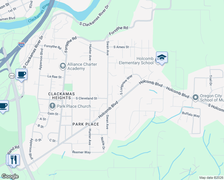 map of restaurants, bars, coffee shops, grocery stores, and more near 200 South Longview Way in Oregon City
