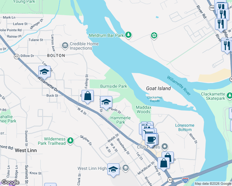 map of restaurants, bars, coffee shops, grocery stores, and more near 1393 Buck Street in West Linn