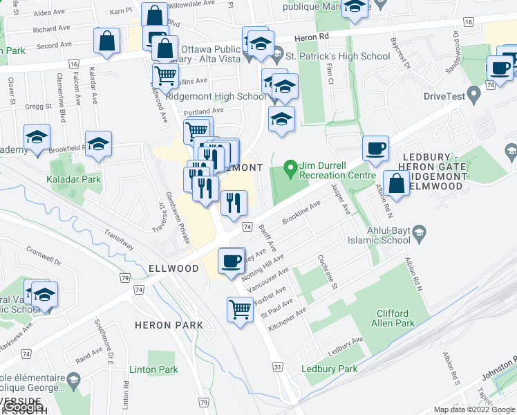 map of restaurants, bars, coffee shops, grocery stores, and more near 1245 Walkley Road in Ottawa