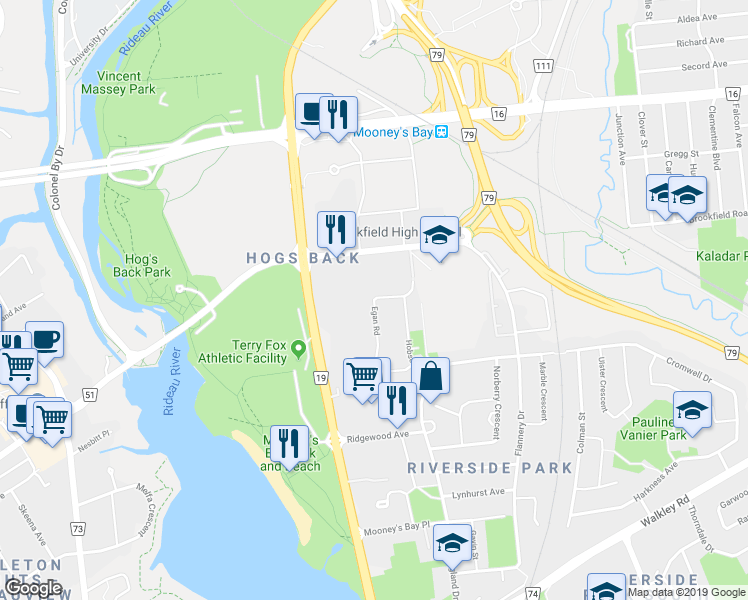 map of restaurants, bars, coffee shops, grocery stores, and more near 2554 Egan Road in Ottawa